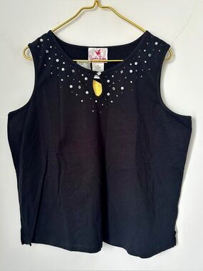 NWT Quacker Factory Black Rhinestone Pearl Embellished Tank Sleeveless Top XL